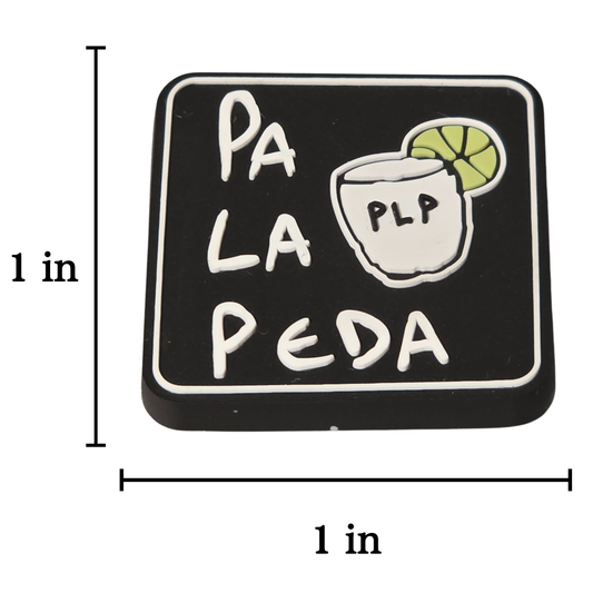 clog cahrm with 'Pa La Peda' text and a cup design, measuring 1x1 inch.