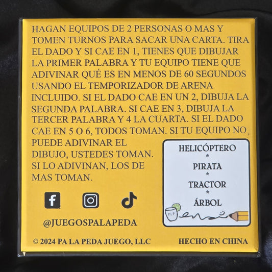 Yellow game card with text and icons on a black background