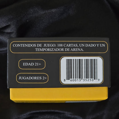 Black and yellow box with text and a barcode on a black background