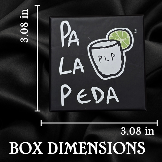 Black box with 'Pa La Peda' branding and dimensions on a black background