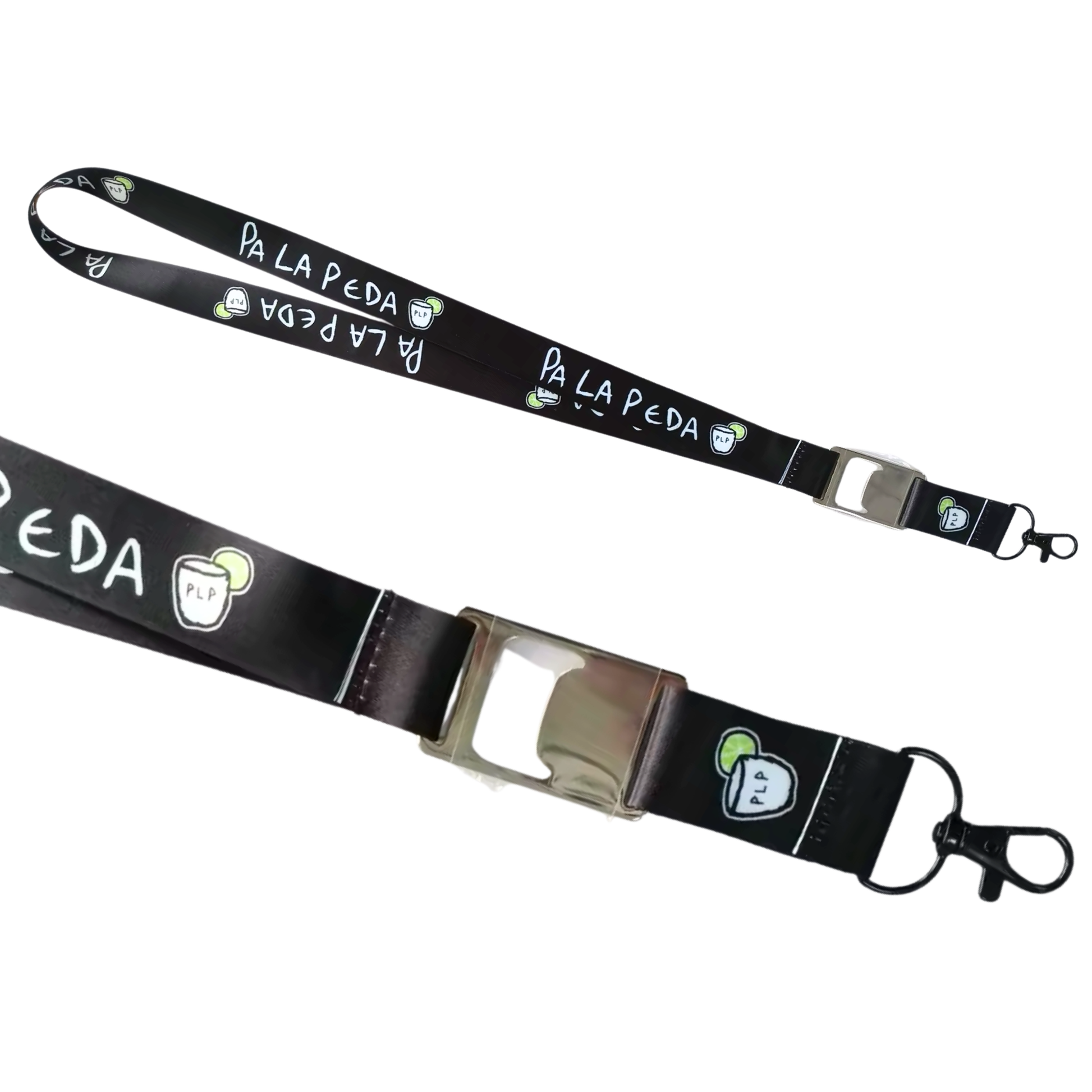 Black lanyard with 'Pá La Peda' branding on a white background