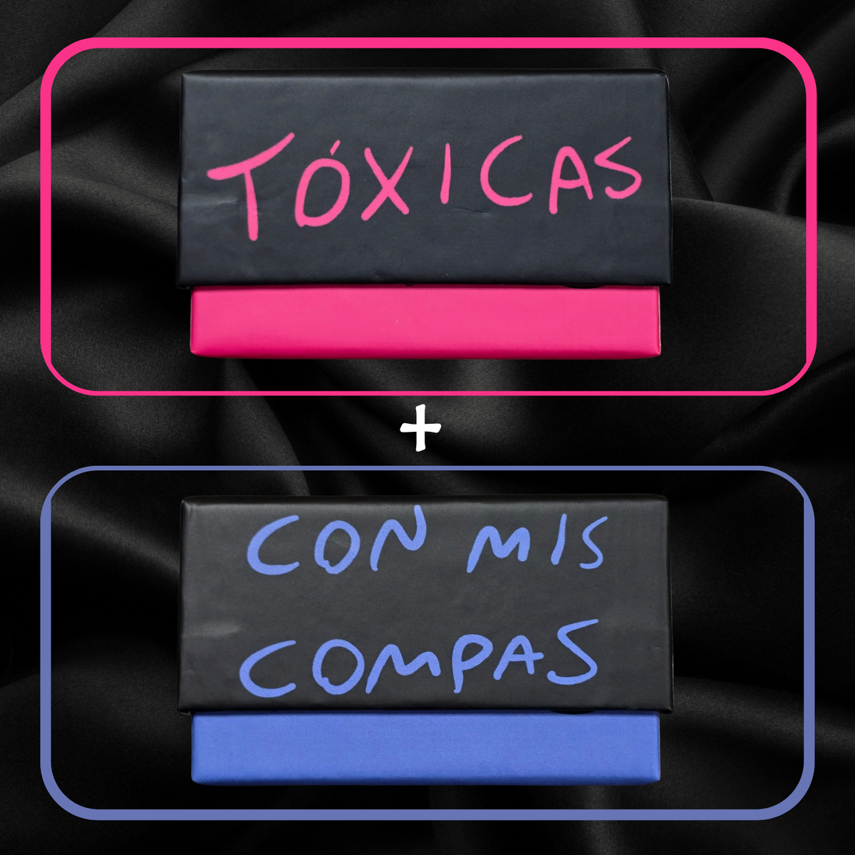 Two boxes with text 'Tóxicas' and 'Con mis compas' on a black background.