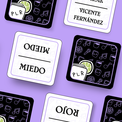 Game cards with Spanish vocabulary on a purple background