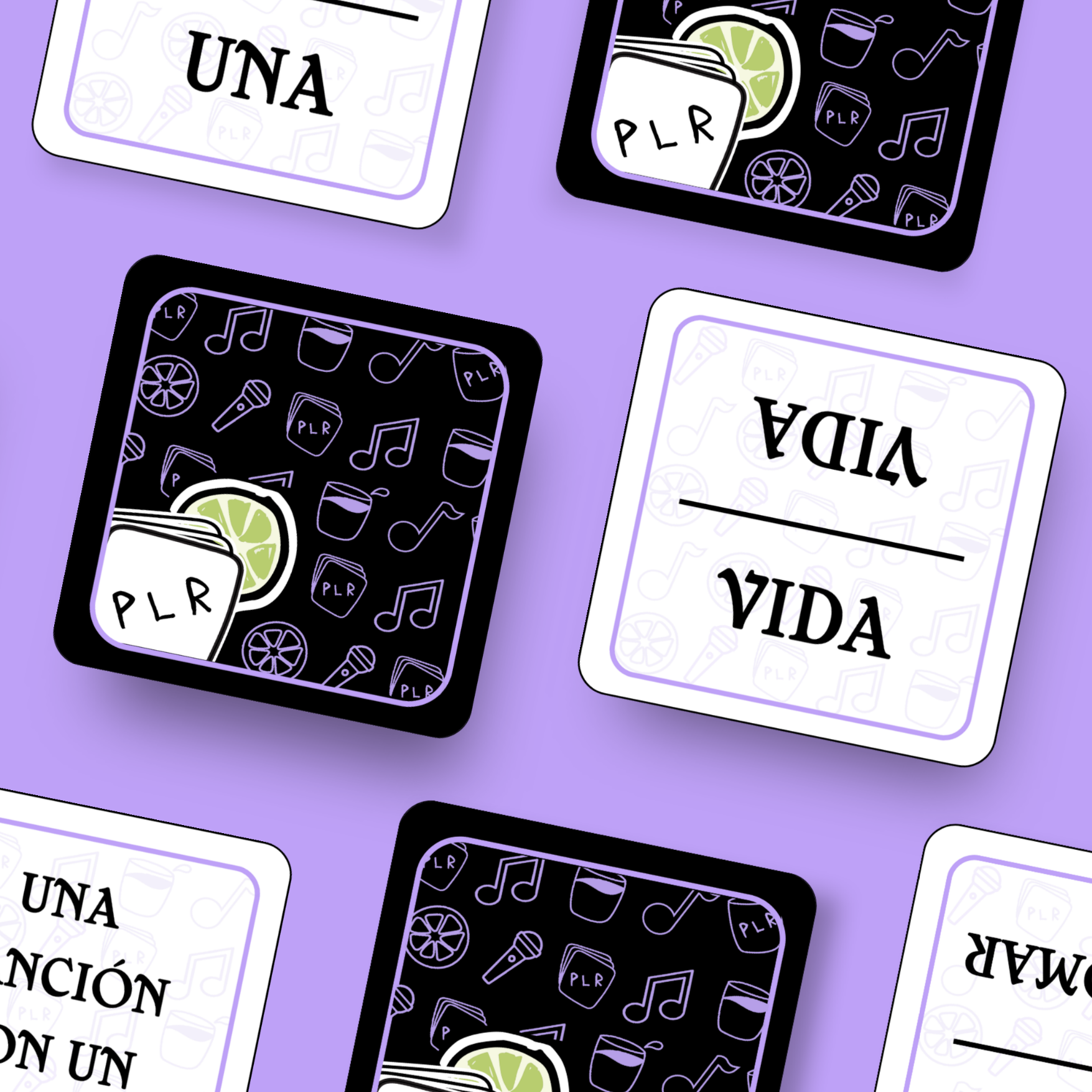 Set of cards with text and icons on a purple background
