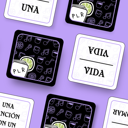 Set of cards with text and icons on a purple background