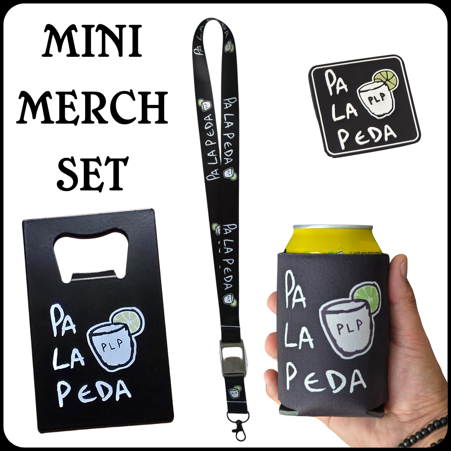 Mini merchandise set with bottle opener, lanyard, croc charm and can cooler featuring 'Pa La Peda' branding.