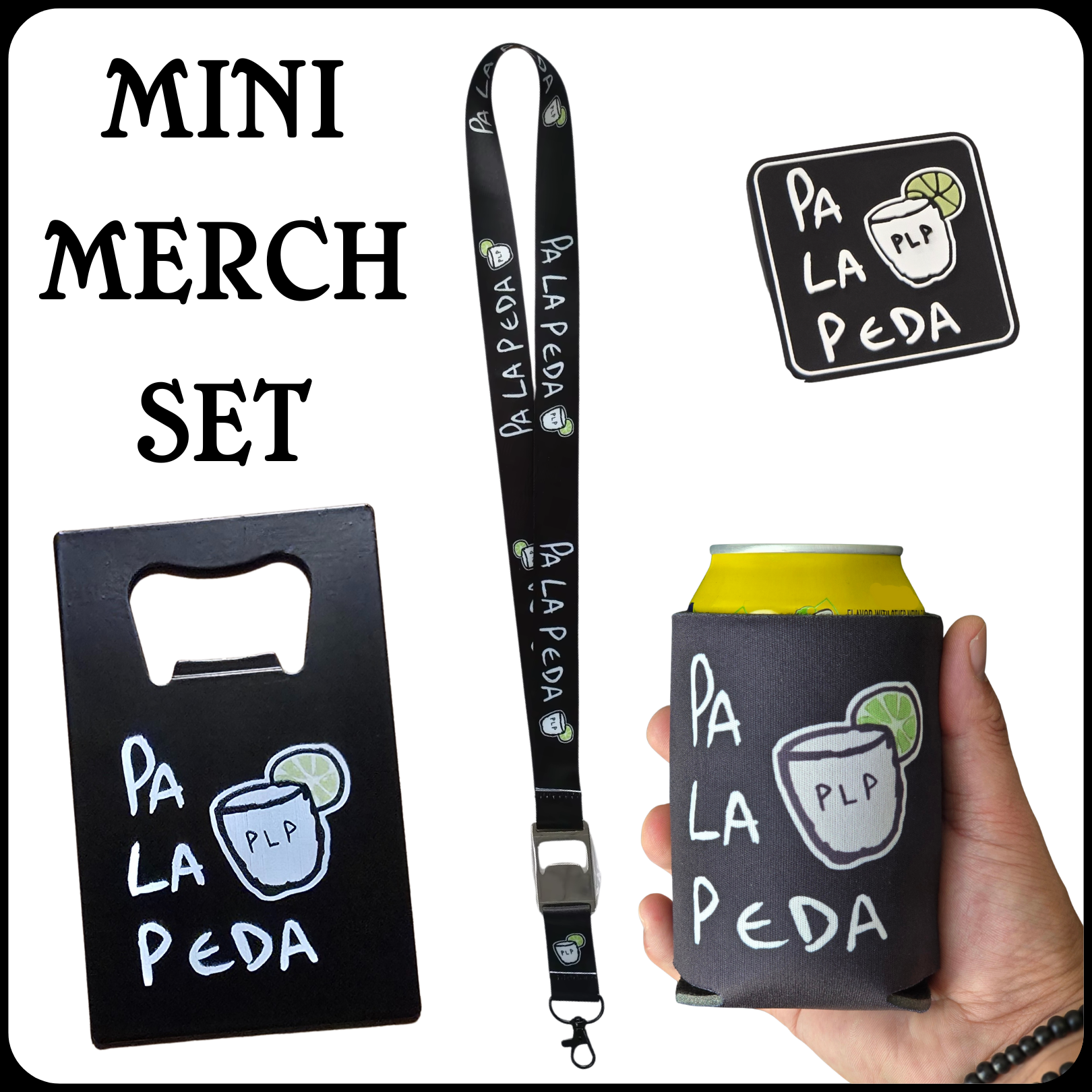 Mini merchandise set with bottle opener, lanyard, croc charm and can cooler featuring 'Pa La Peda' branding.