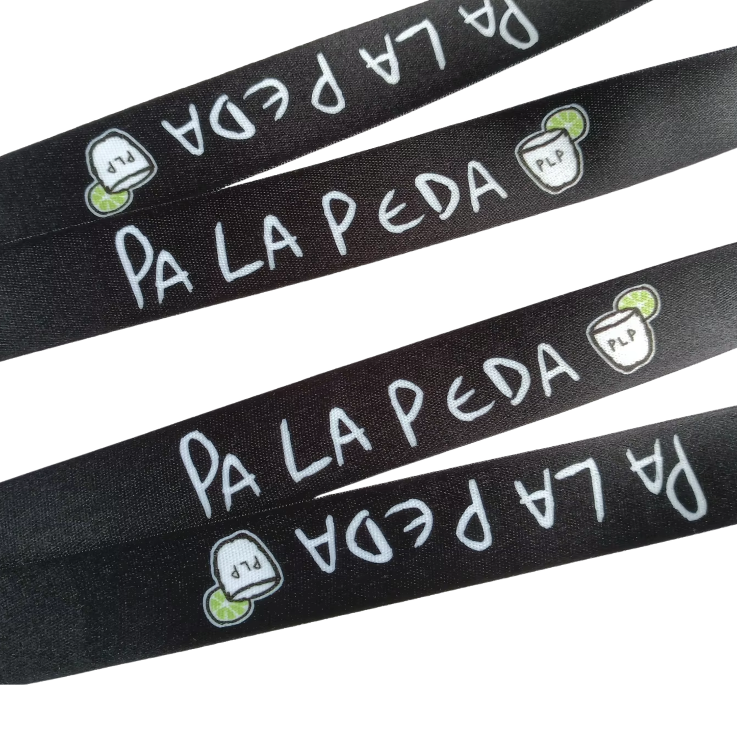 Black lanyard straps with 'Pa La Peda' text and logo on a white background