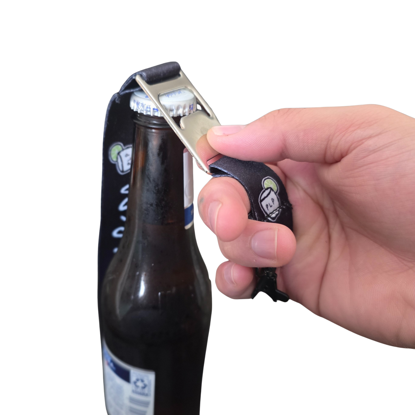 Hand using a bottle opener on a beer bottle against a white background