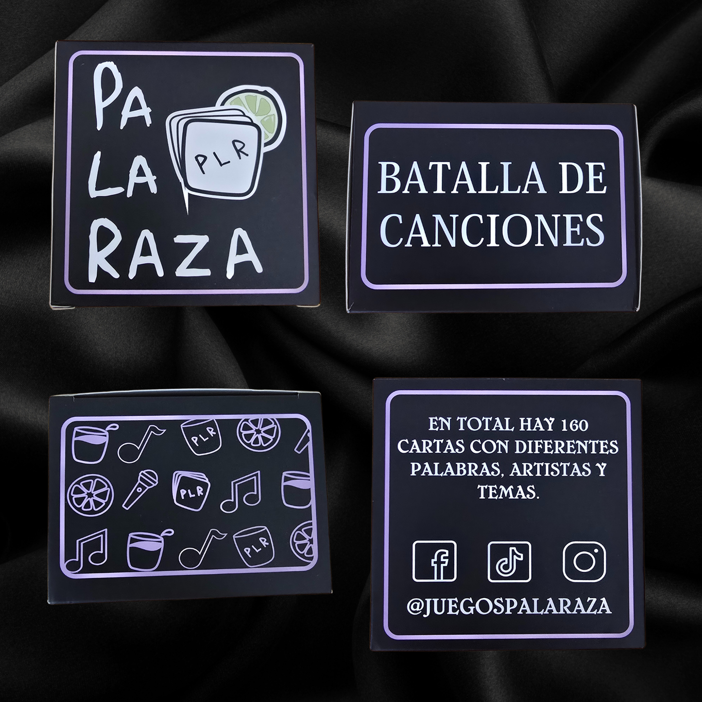 batalla de canciones box sides with text and symbols on a black background