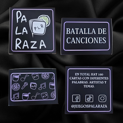 batalla de canciones box sides with text and symbols on a black background